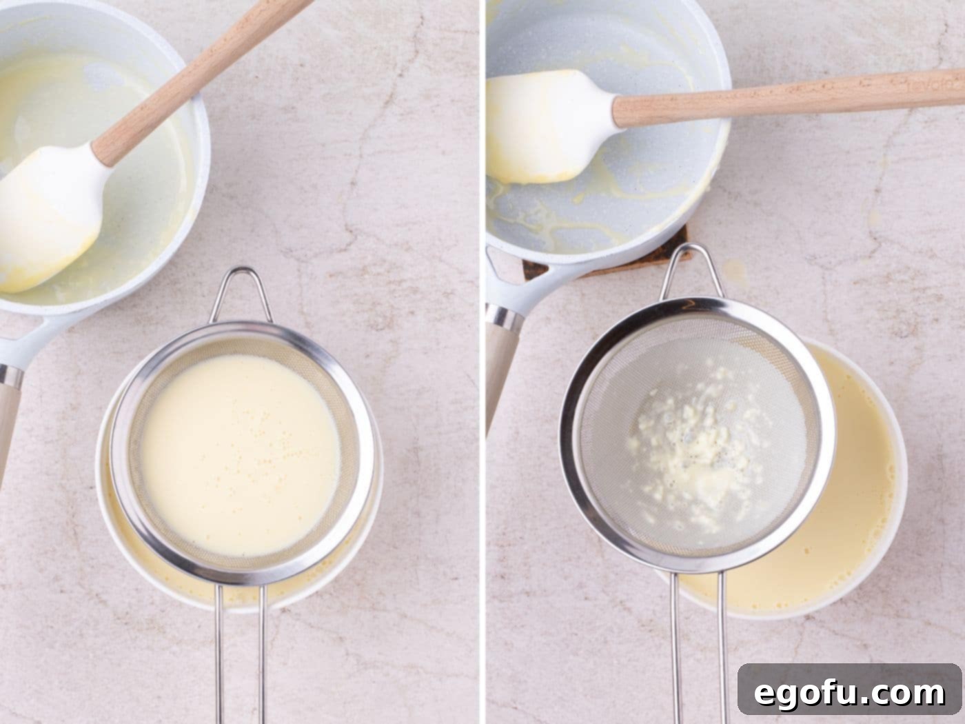 A creamy custard being strained through a fine-mesh sieve to remove any lumps, ensuring a perfectly smooth sauce.