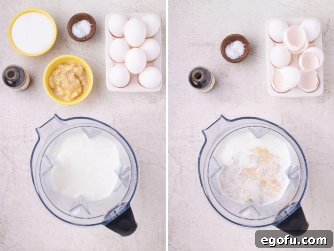 Ingredients for the banana custard, including mashed bananas, eggs, cream, milk, sugar, vanilla, and salt, in a blender ready to be mixed.