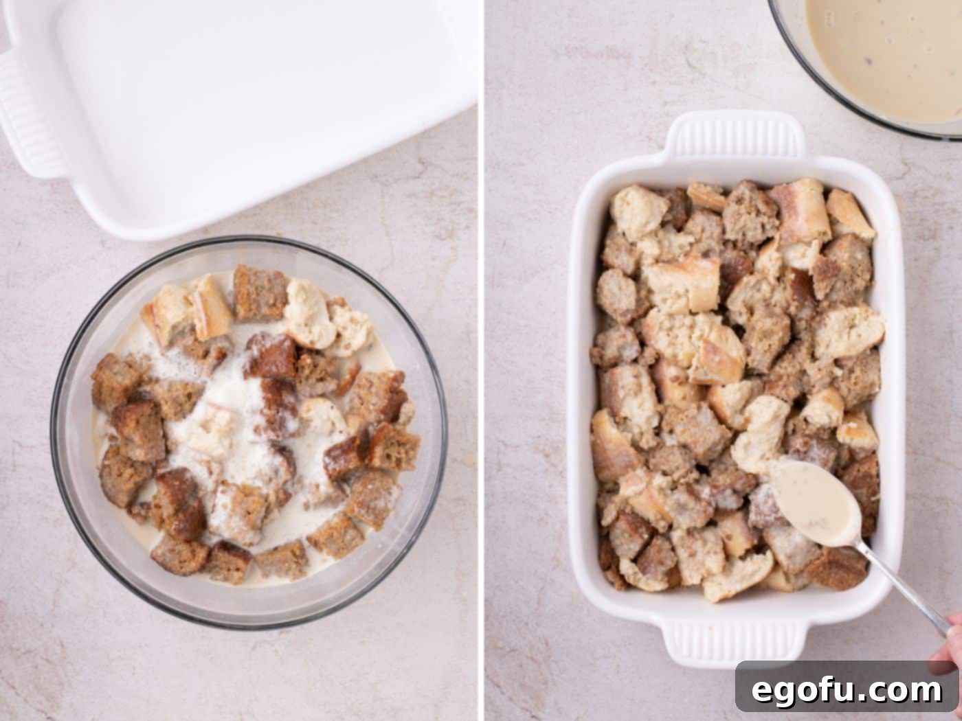 Dried bread pieces soaking in banana custard in a large bowl, and the assembled, unbaked pudding mixture in a baking dish.