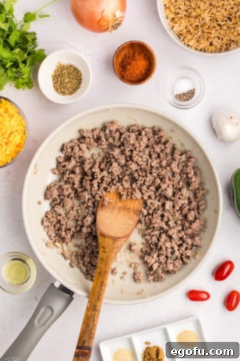 Cooked onion, beef, and garlic.