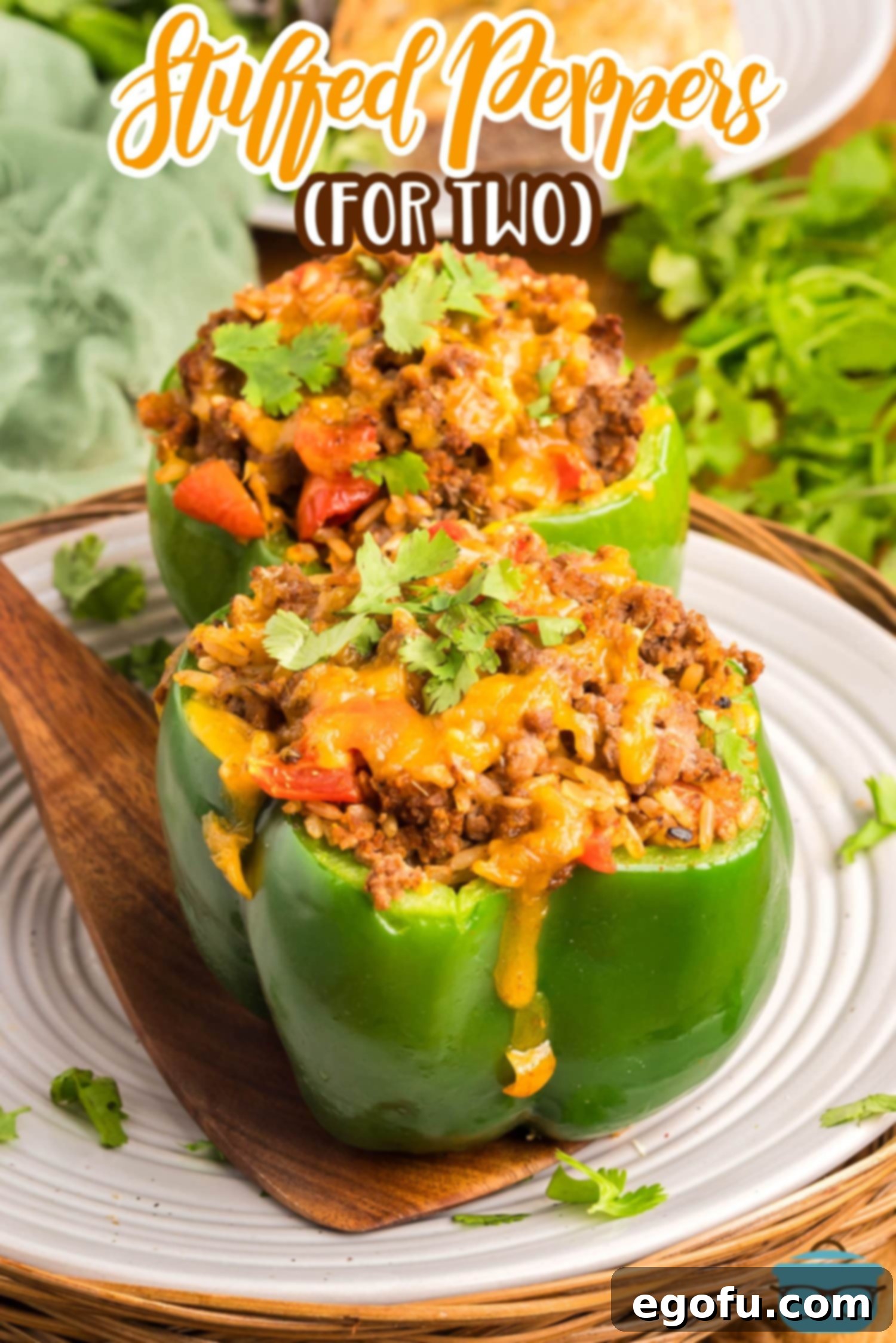 A plate with two Stuffed Peppers.