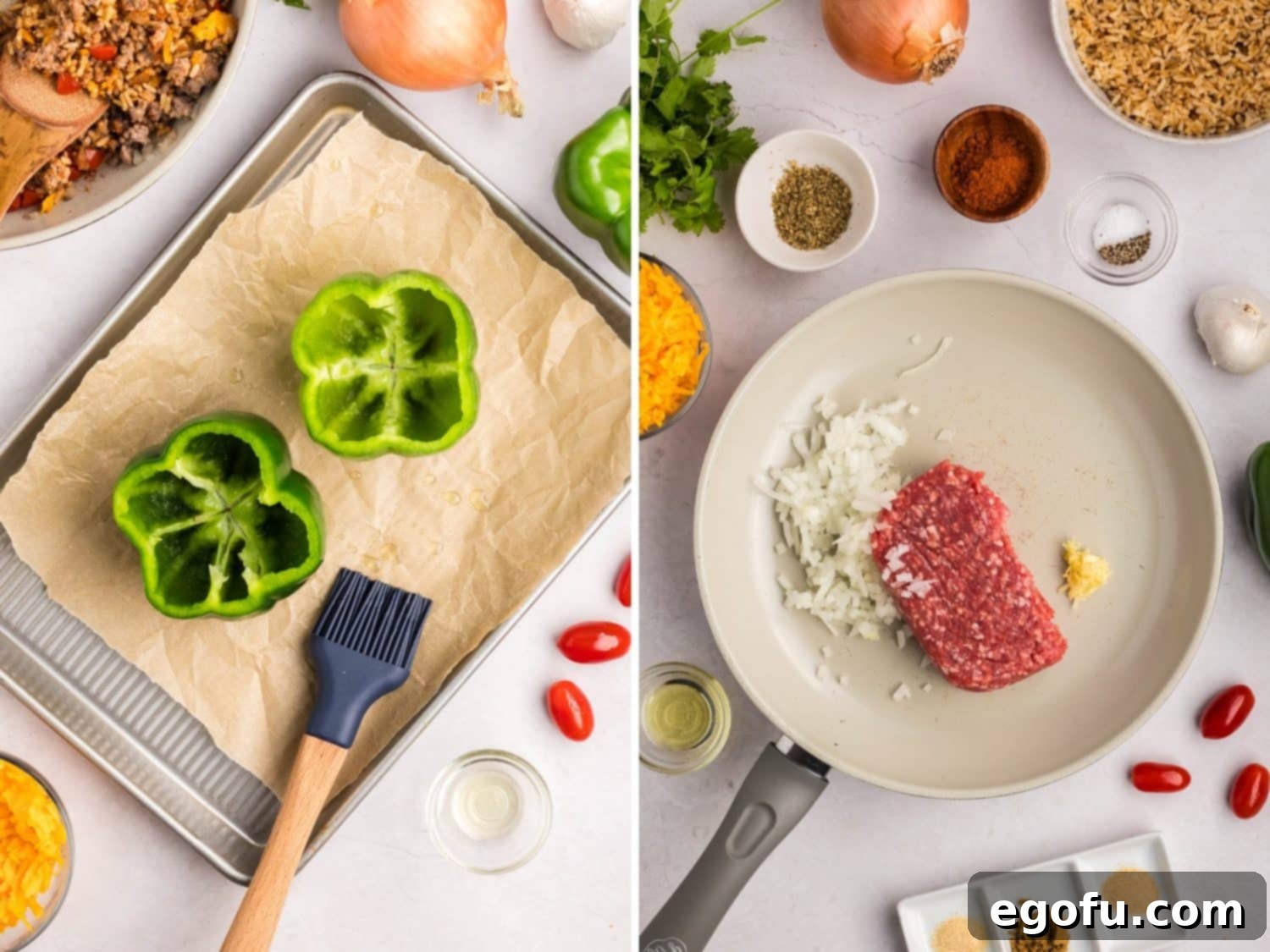 Cut peppers and a skillet with beef, onion, and garlic.