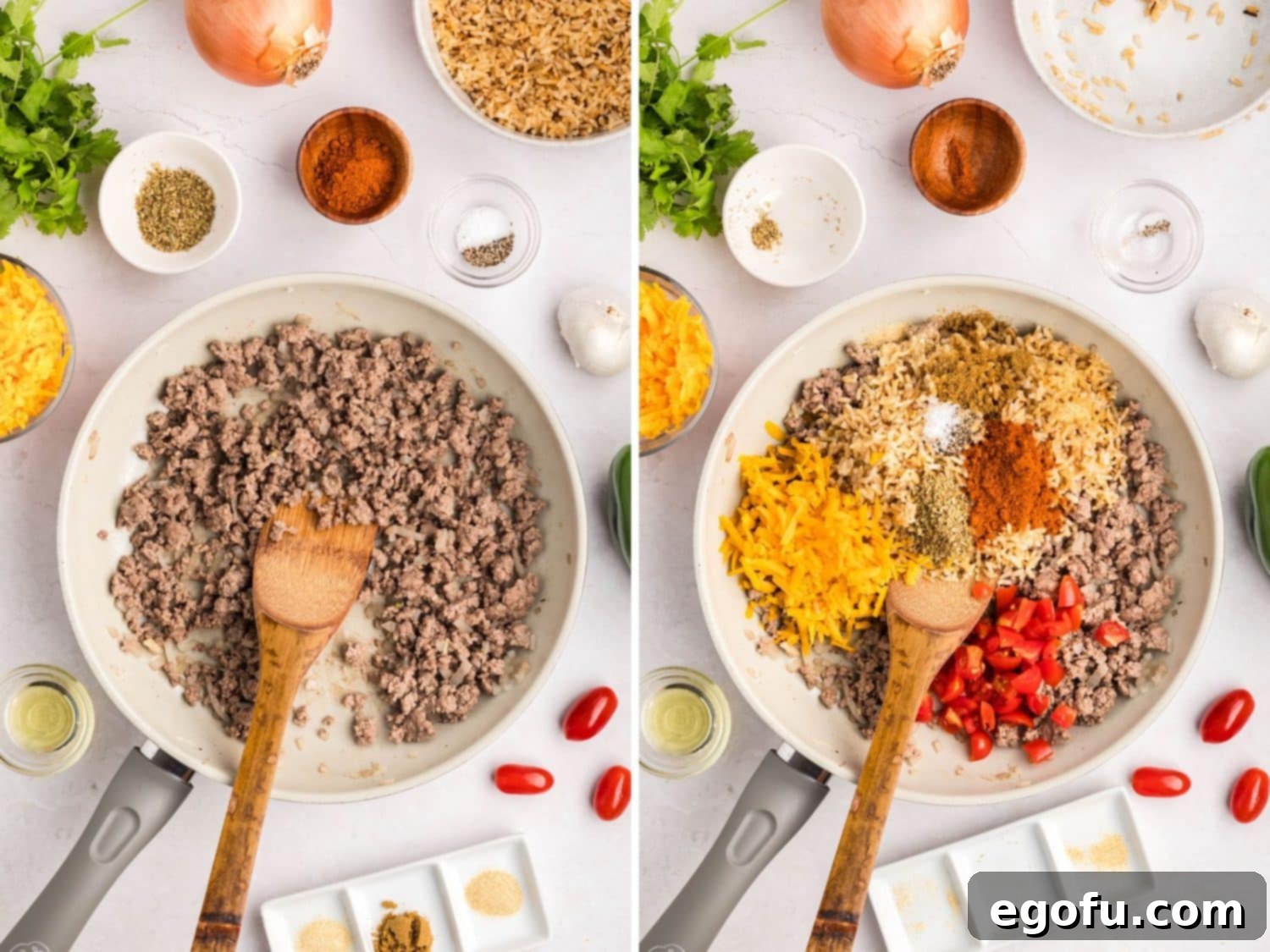 Cooked beef mixture and a skillet with beef, cheese, tomatoes, rice, and seasonings