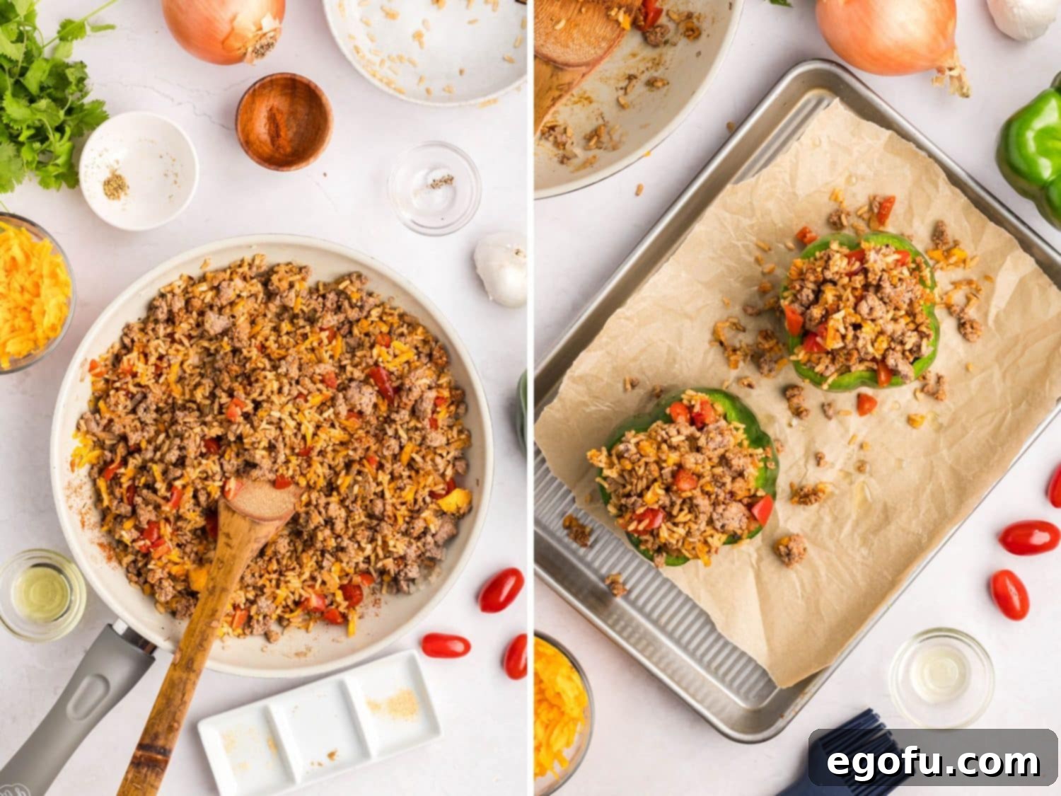Stuffed pepper mixture in a skillet and stuffed peppers waiting to be cooked on a sheet pan.