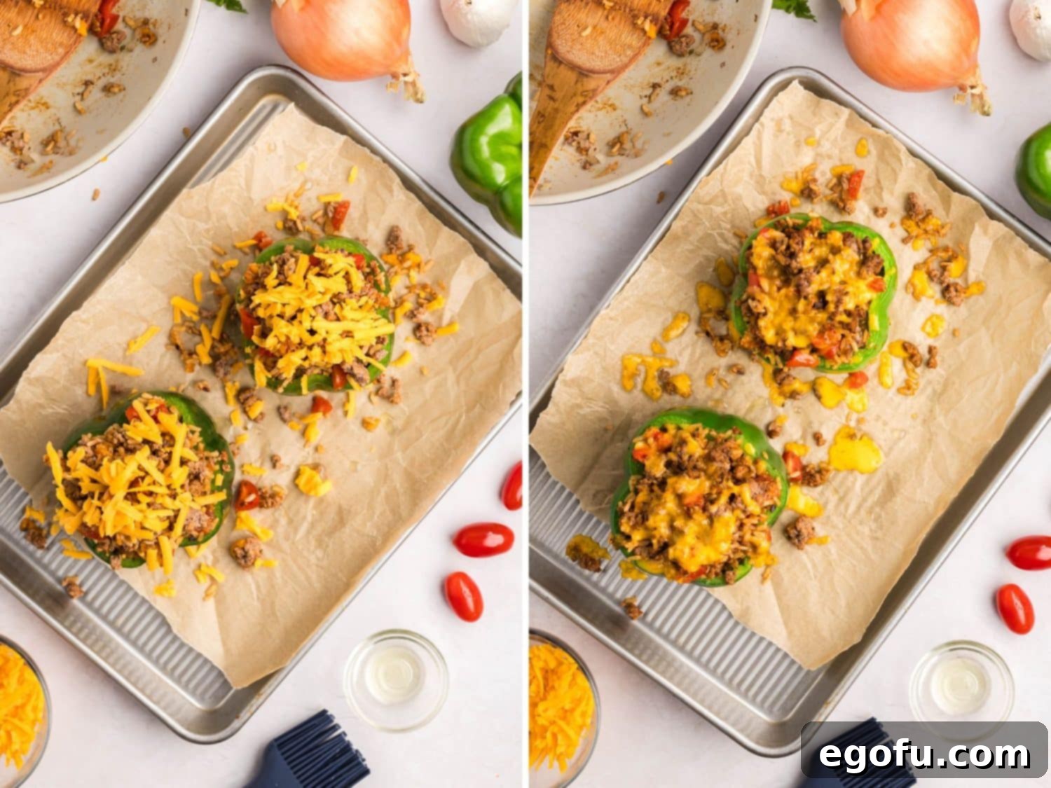 Cheese topped unbaked peppers and a sheet pan with stuffed bell peppers.