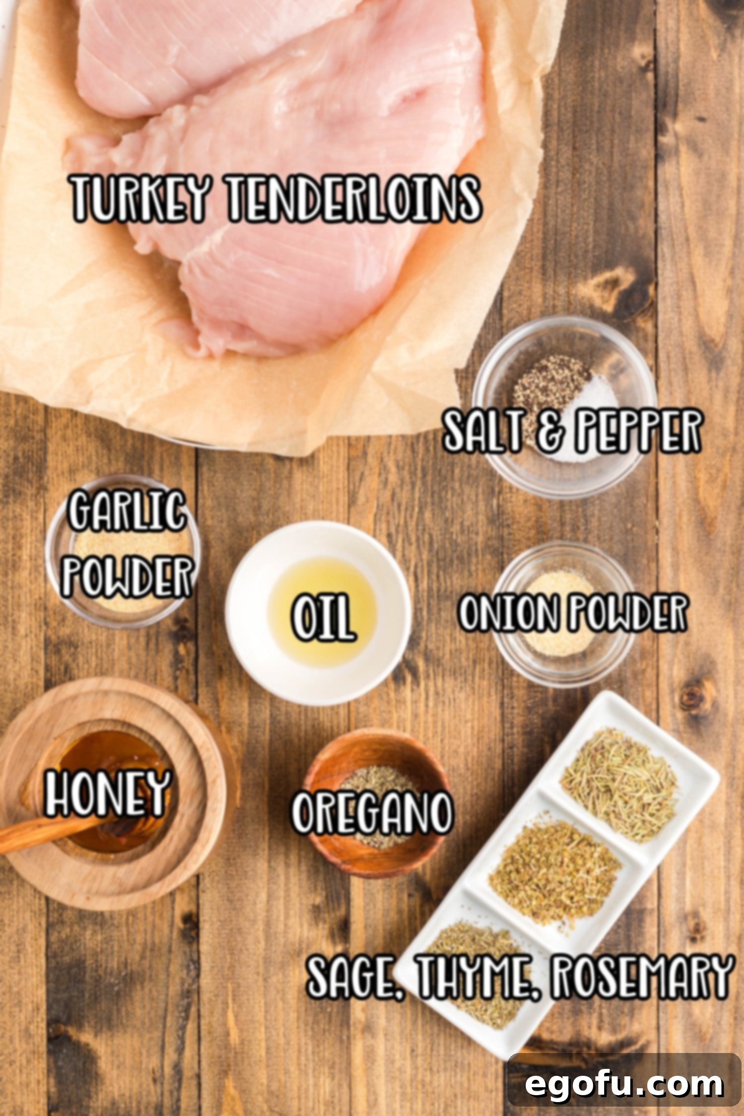 Flavorful Air Fryer Turkey Tenderloin 4 Turkey tenderloins, oil, honey, dried thyme, oregano, dried rosemary, sage, garlic powder ,onion powder, kosher salt, and black pepper.