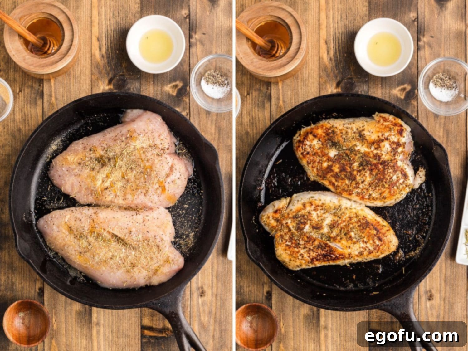 Flavorful Air Fryer Turkey Tenderloin 5 Turkey tenders in a skillet with honey, oil, and herbs and browned turkey tenders in a cast iron skillet.