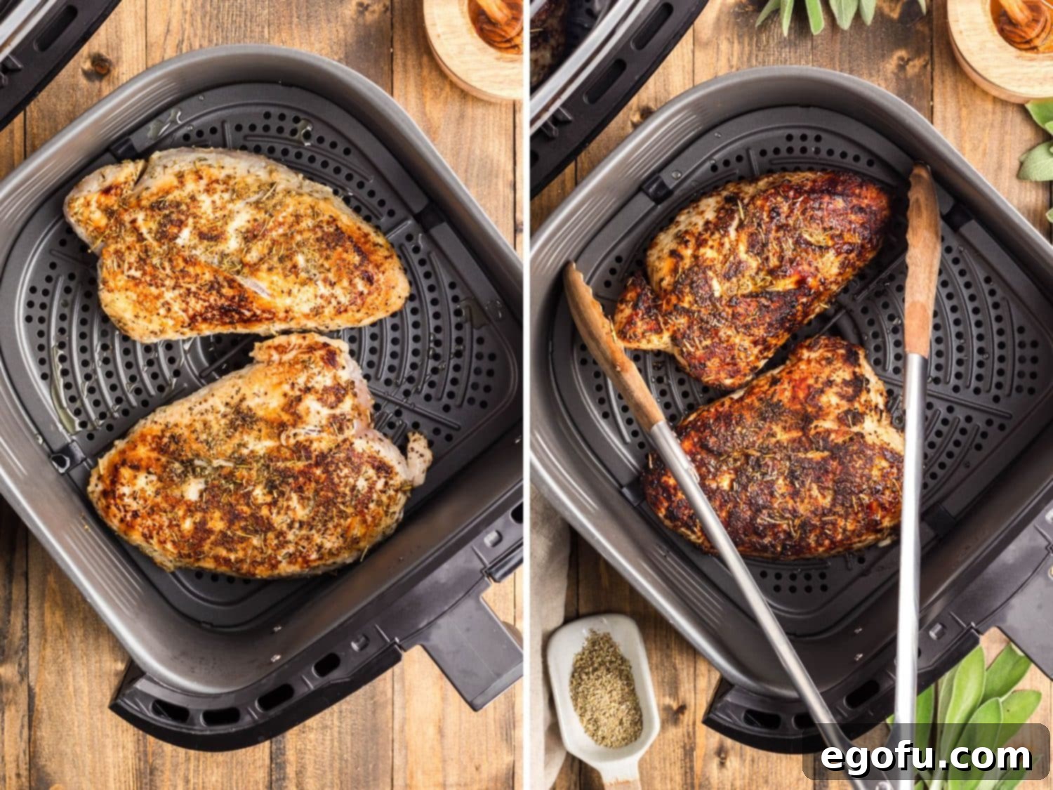 Flavorful Air Fryer Turkey Tenderloin 6 A few Turkey Tenderloins made in the air fryer and a set of tongs getting ready to remove cooked turkey tenderloins.