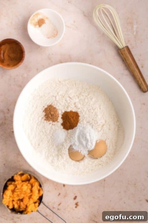 A mixing bowl with flour, milk, sugar, baking powder, salt, cinnamon, and nutmeg.
