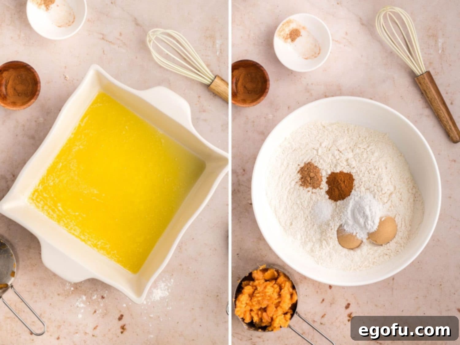 A baking dish with shimmering melted butter sits beside a mixing bowl containing the dry biscuit ingredients: flour, milk, sugar, baking powder, salt, cinnamon, and nutmeg.