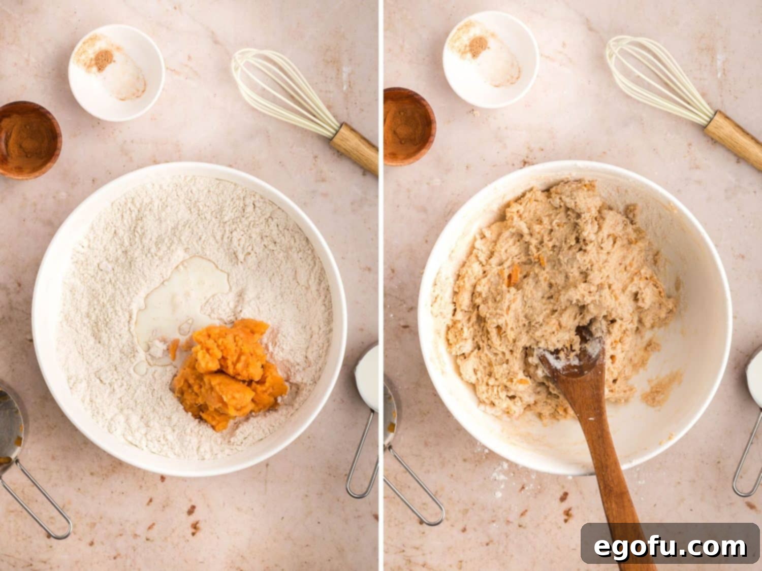 Masht yams are carefully added to the biscuit mixture in a bowl, before being gently folded in to create a uniform batter.