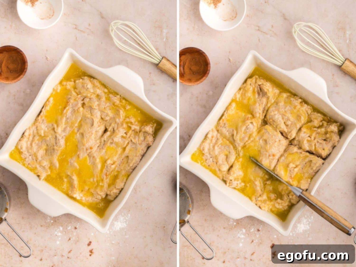 The soft biscuit batter is pressed evenly into the butter-lined baking dish, with a knife poised to score the dough into 9 perfect squares before baking.