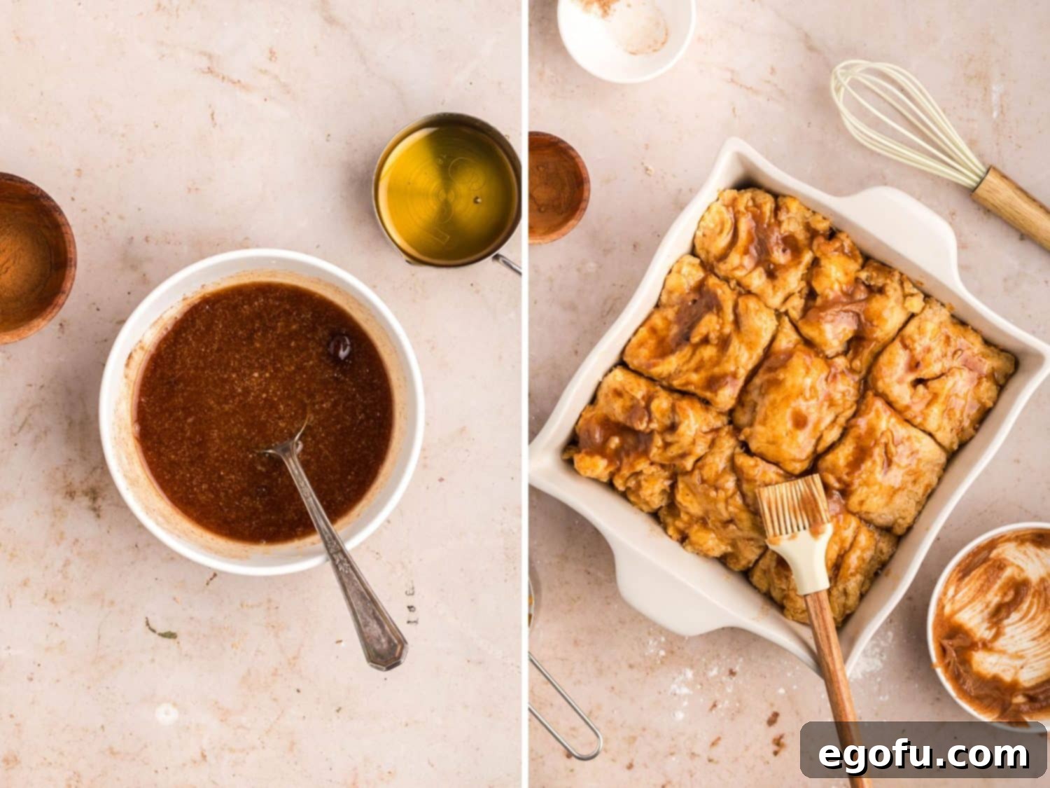 A small bowl holds a luscious cinnamon honey butter glaze, ready to be brushed generously over the warm, golden-brown Sweet Potato Butter Swim Biscuits.