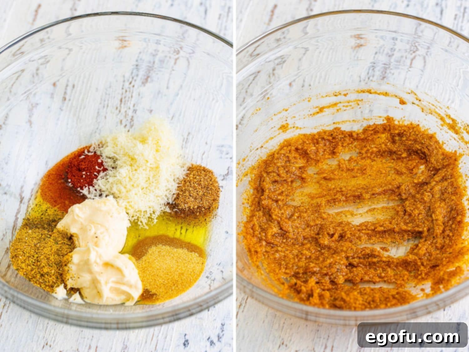 A bowl containing mayonnaise, parmesan, olive oil, Montreal chicken seasoning, garlic powder, cajun seasoning, and paprika being mixed thoroughly to form a smooth marinade.