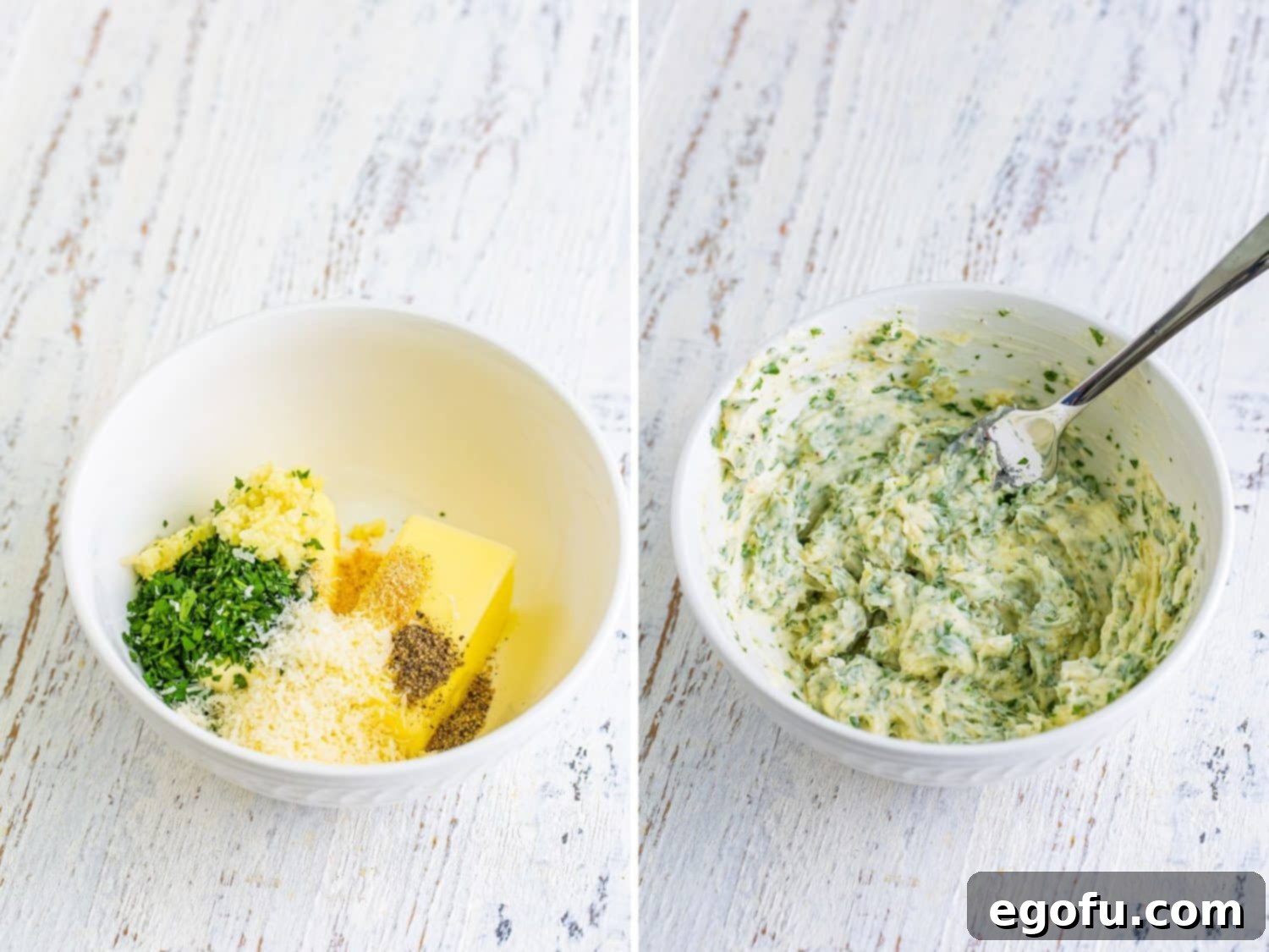 A bowl containing softened butter, chopped fresh parsley, minced garlic, parmesan cheese, salt, and pepper being mixed together to create the aromatic basting sauce.