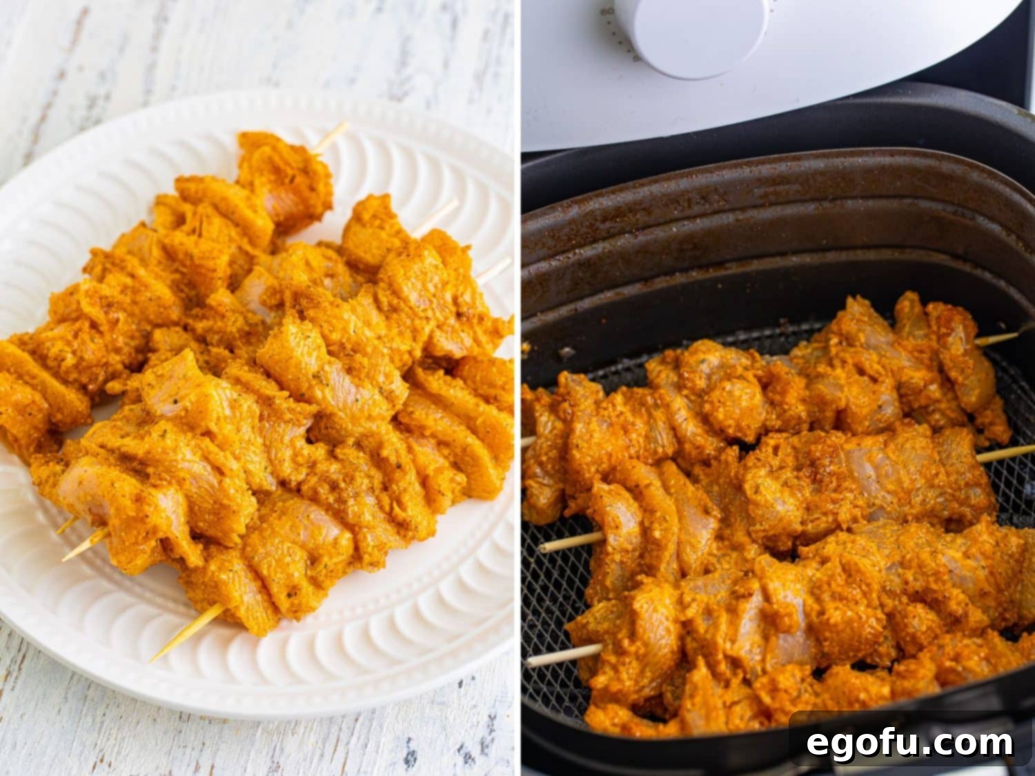 A split image showing perfectly threaded raw chicken skewers on a plate, and the same skewers neatly arranged inside an air fryer basket, ready for cooking.