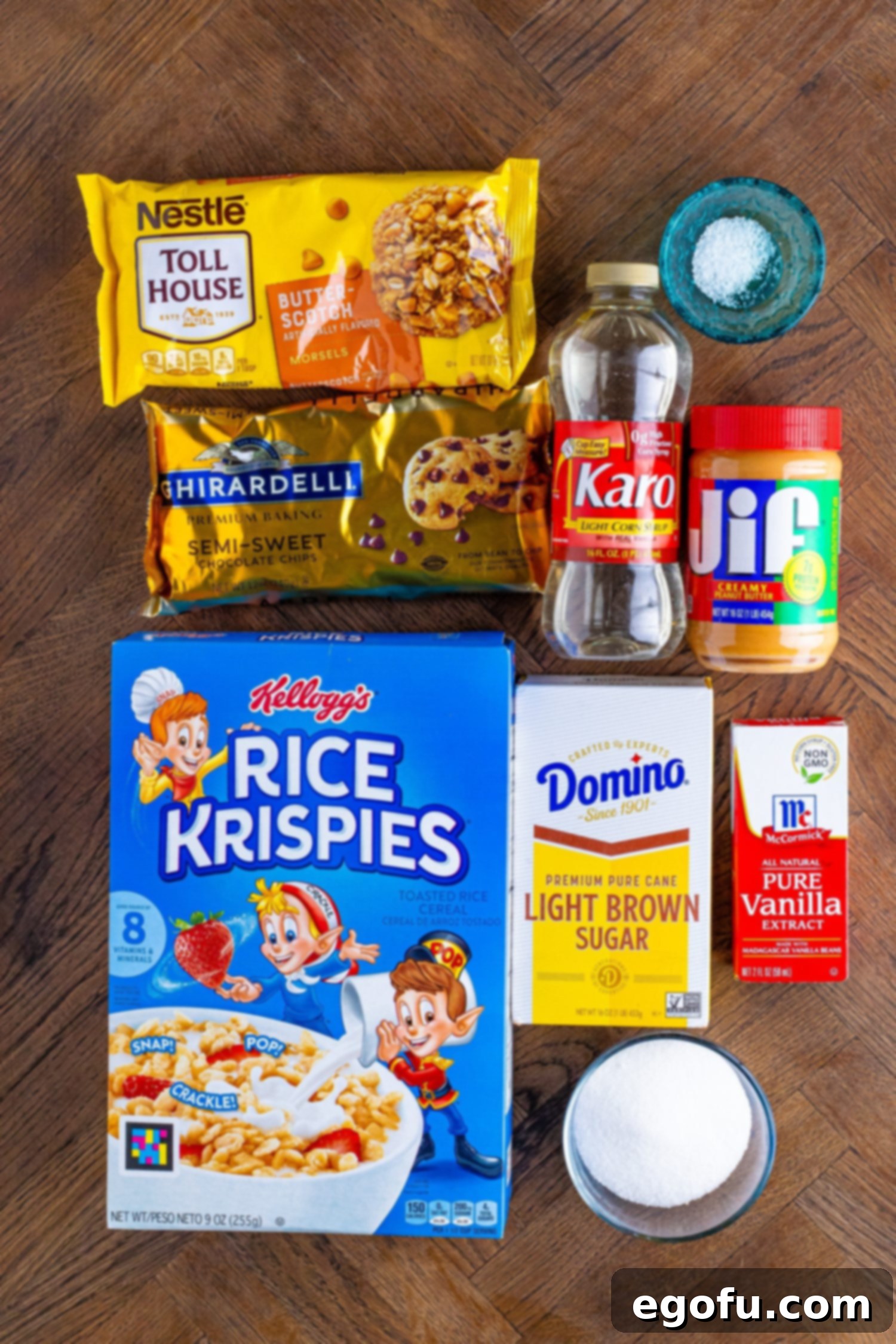 Crispy Peanut Butter Dream Bars 5 Rice Krispie cereal, butterscotch chips, sugar, brown sugar, vanilla extract, semi sweet chocolate chips, light corn syrup, and salt.