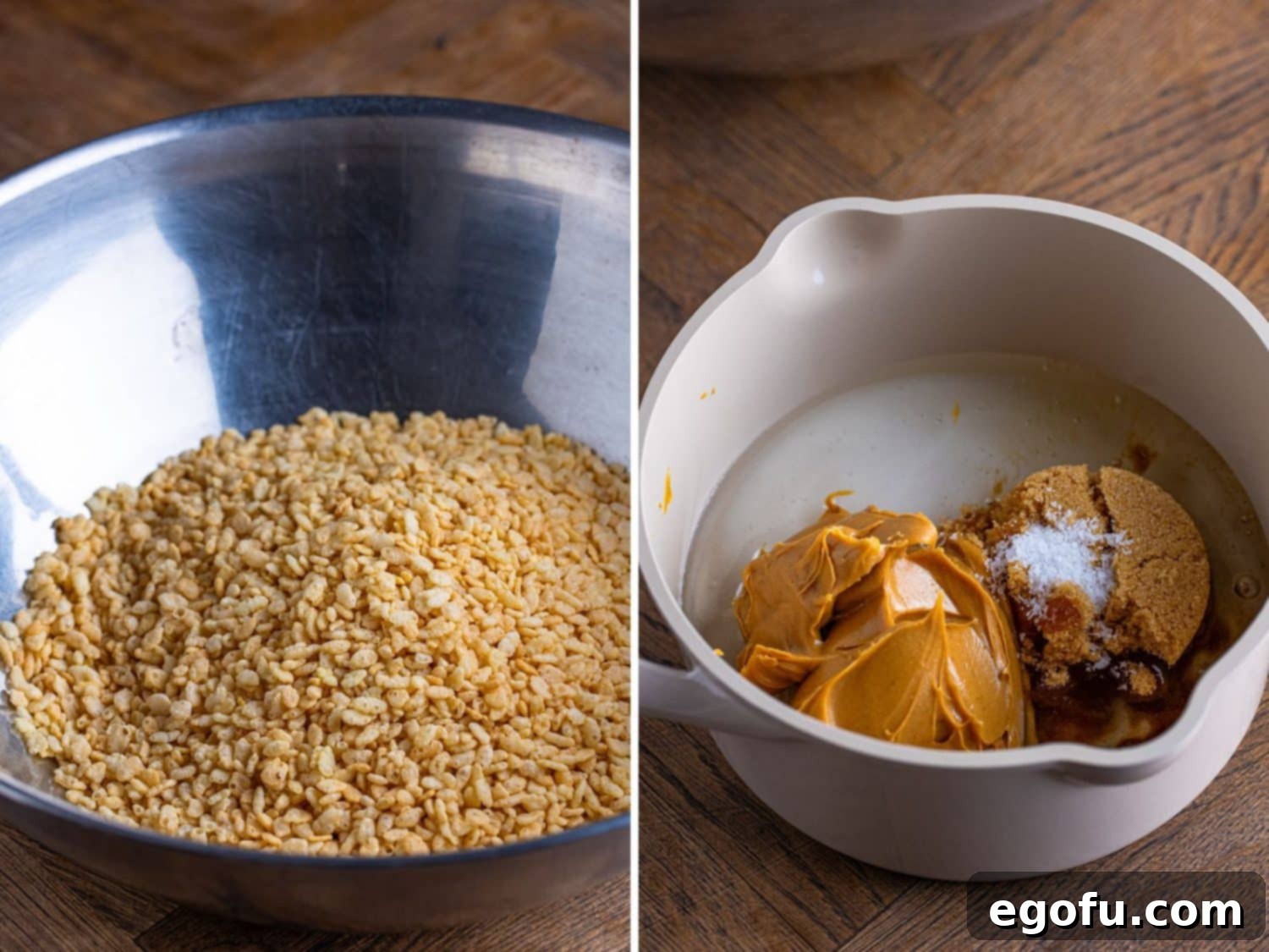 Crispy Peanut Butter Dream Bars 6 A pot with corn syrup, peanut butter, brown sugar, granulated sugar, and salt.