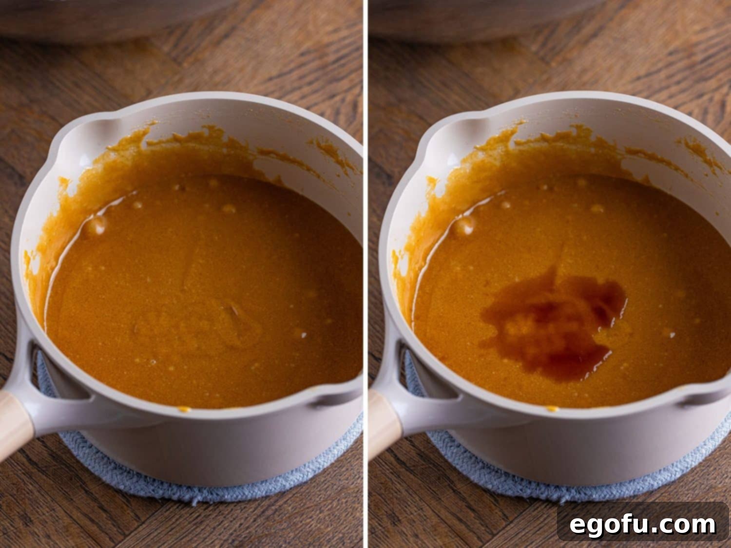 Crispy Peanut Butter Dream Bars 7 A pot with melted corn syrup, peanut butter, brown sugar, granulated sugar, and salt all together.