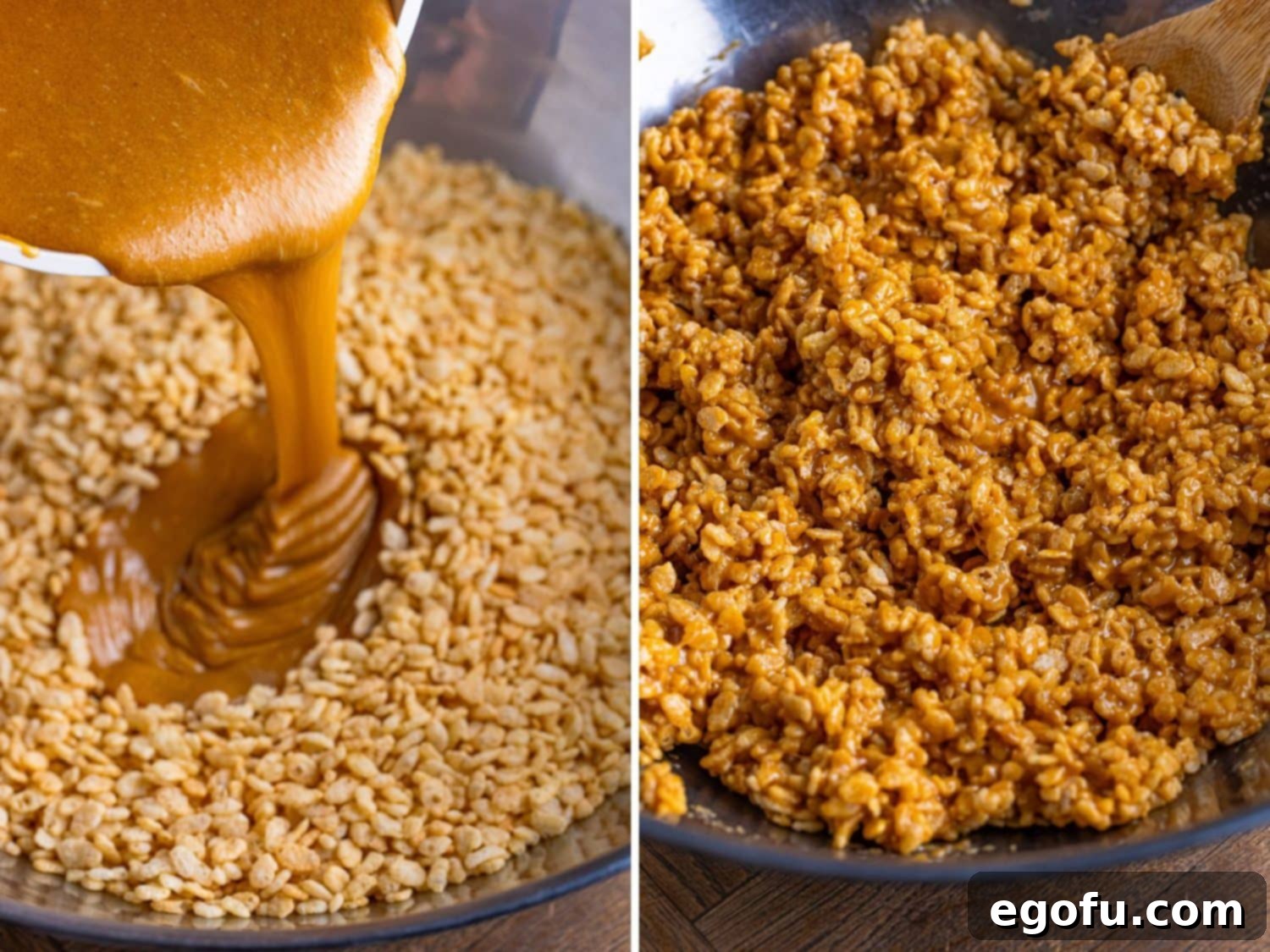 Crispy Peanut Butter Dream Bars 9 Sweet mixture being added to crispy rice cereal.