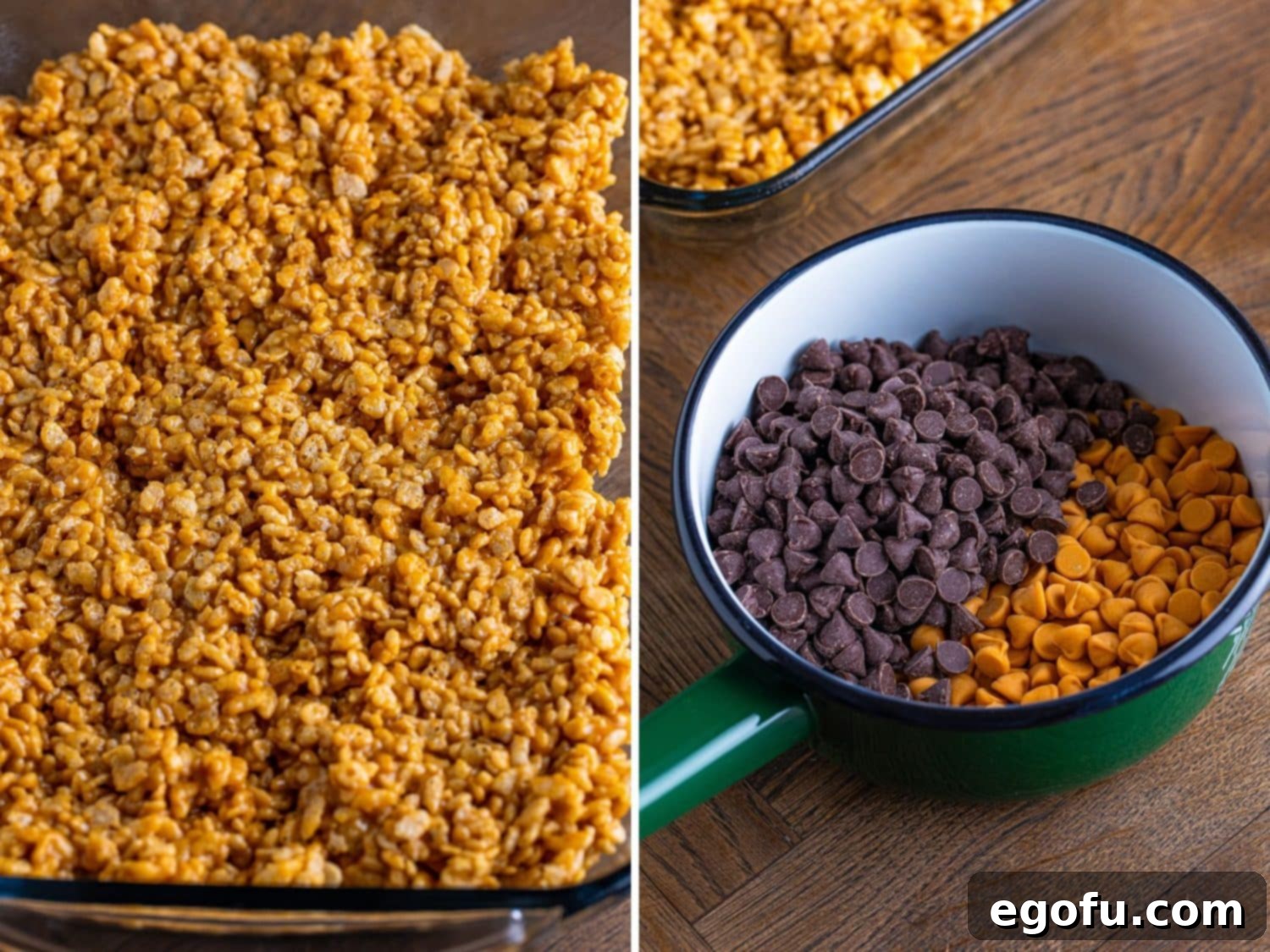 Crispy Peanut Butter Dream Bars 10 A pan with the coated cereal mixture.