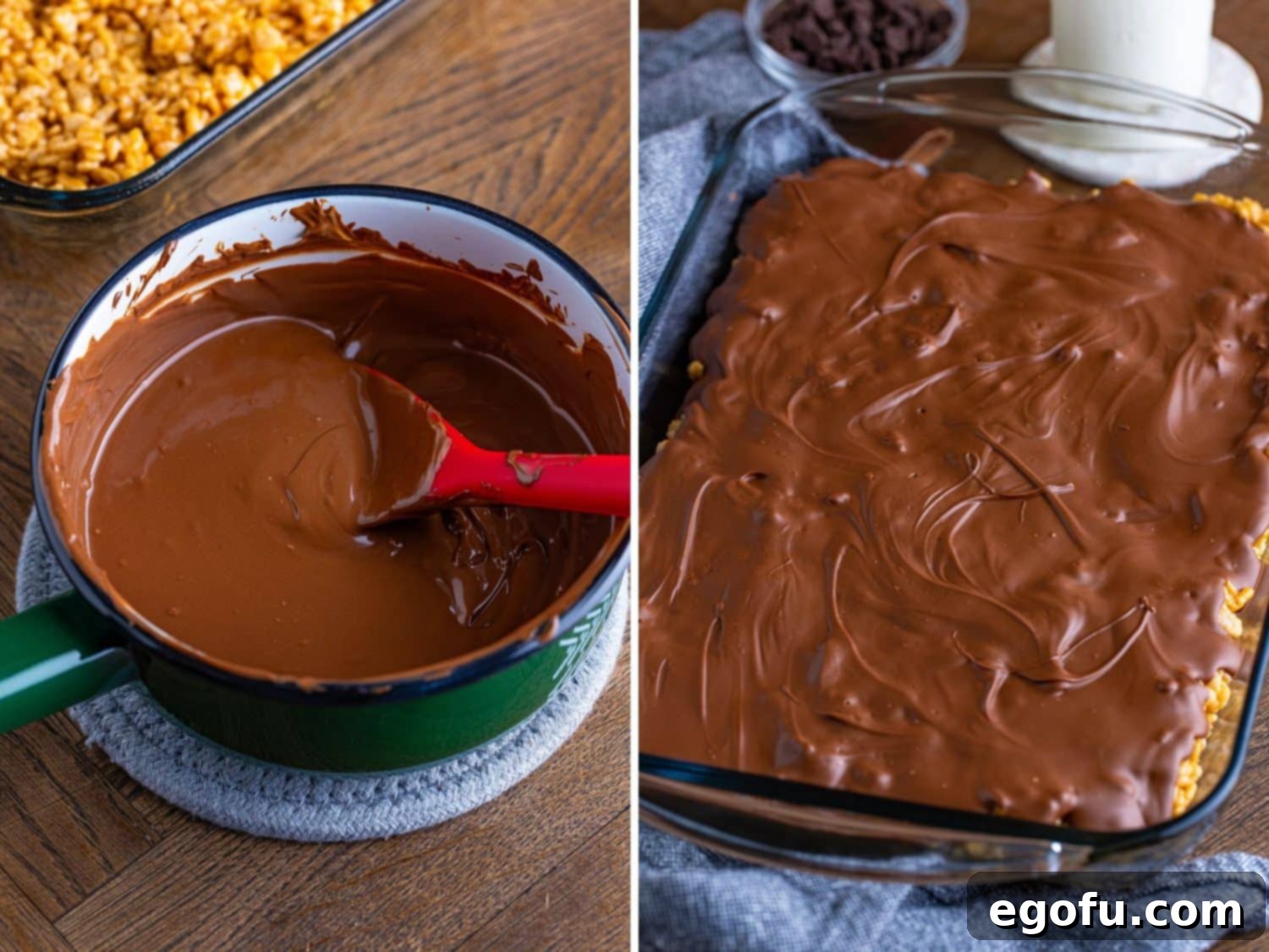 Crispy Peanut Butter Dream Bars 12 A pan of melted butterscotch and chocolate chips.