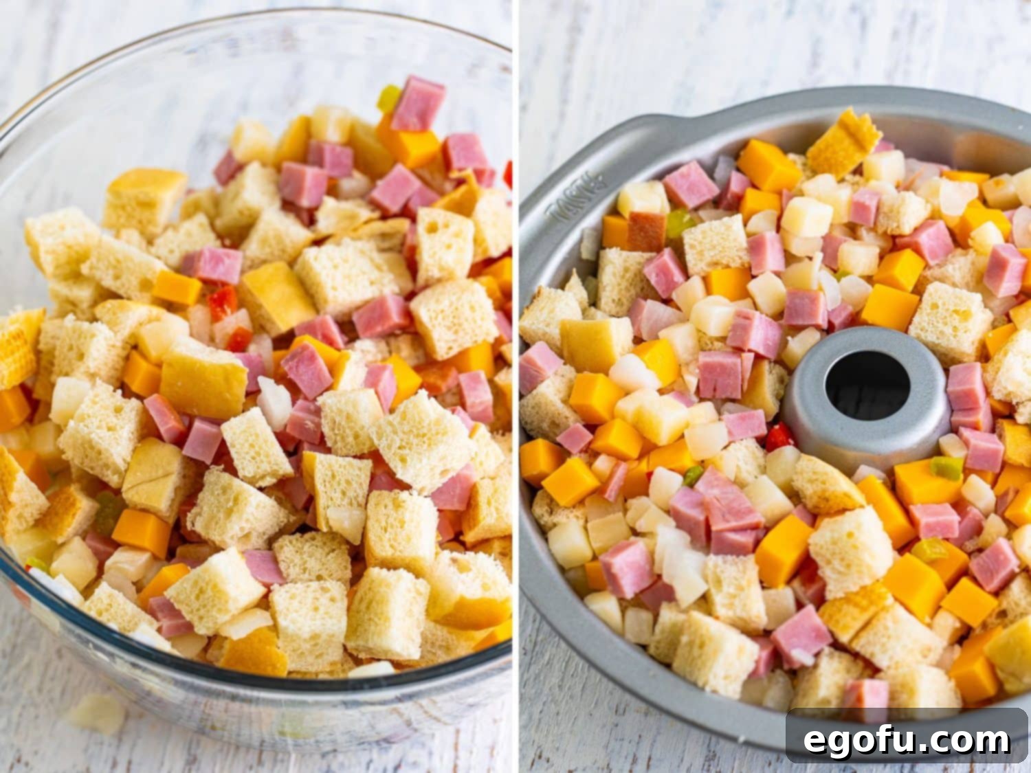 The breakfast mixture neatly pressed into the bundt pan, showing an even layer before the egg mixture is added.