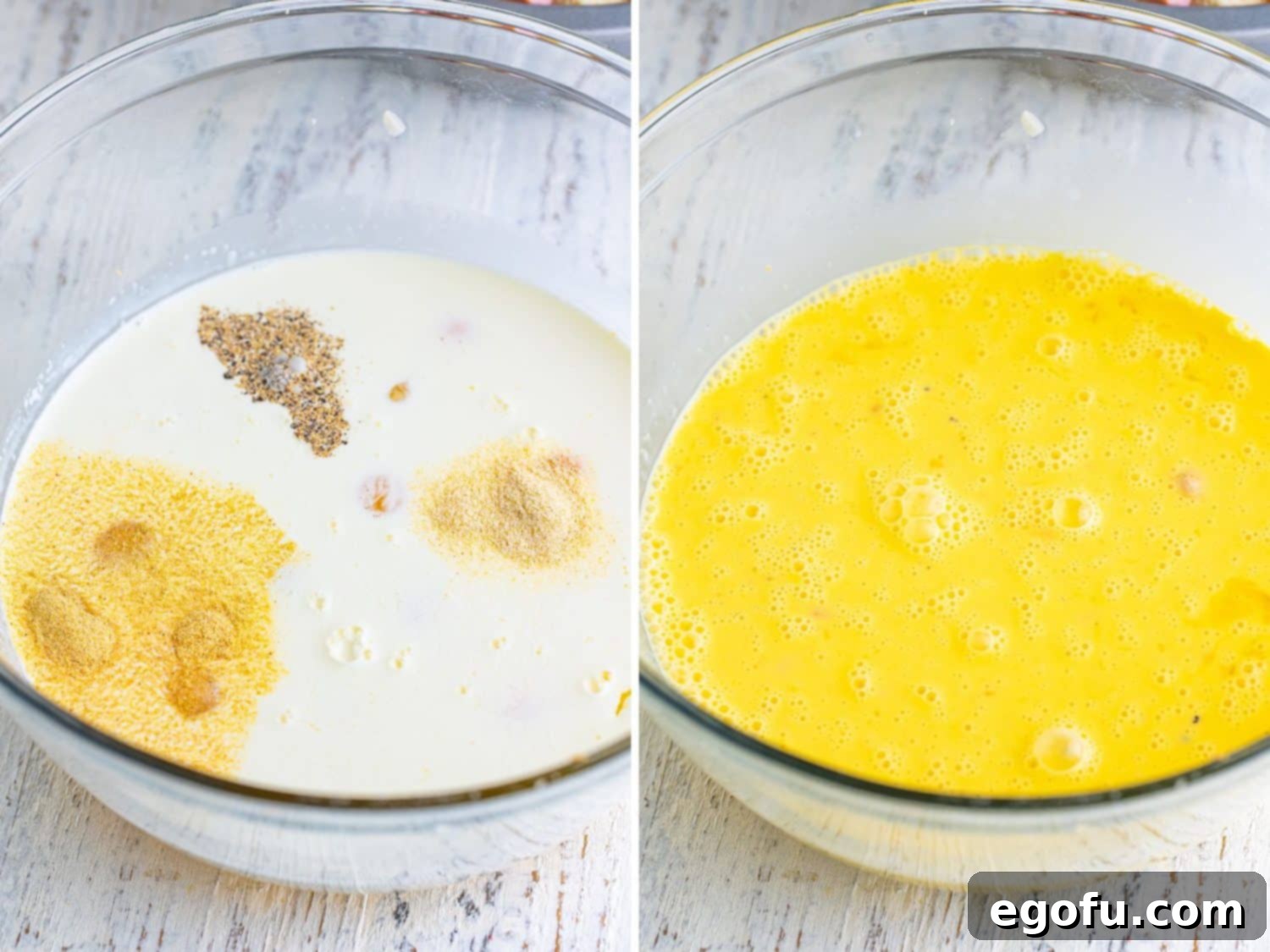 A bowl of whisked eggs, milk, cream, and seasonings, ready to be poured over the solid ingredients.