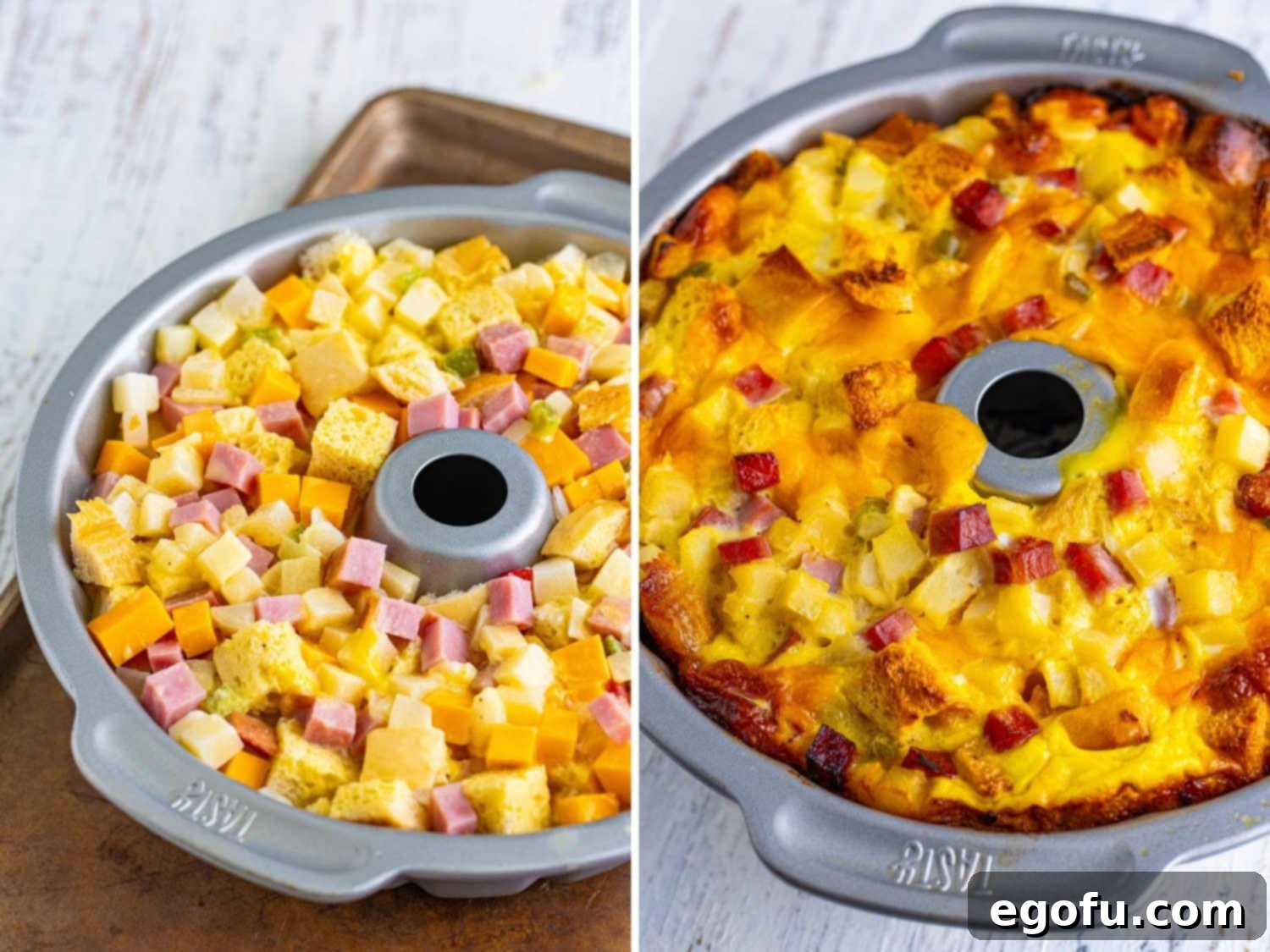 Before and after comparison: an unbaked breakfast bundt cake with egg mixture, next to a beautifully golden, freshly baked bundt cake.