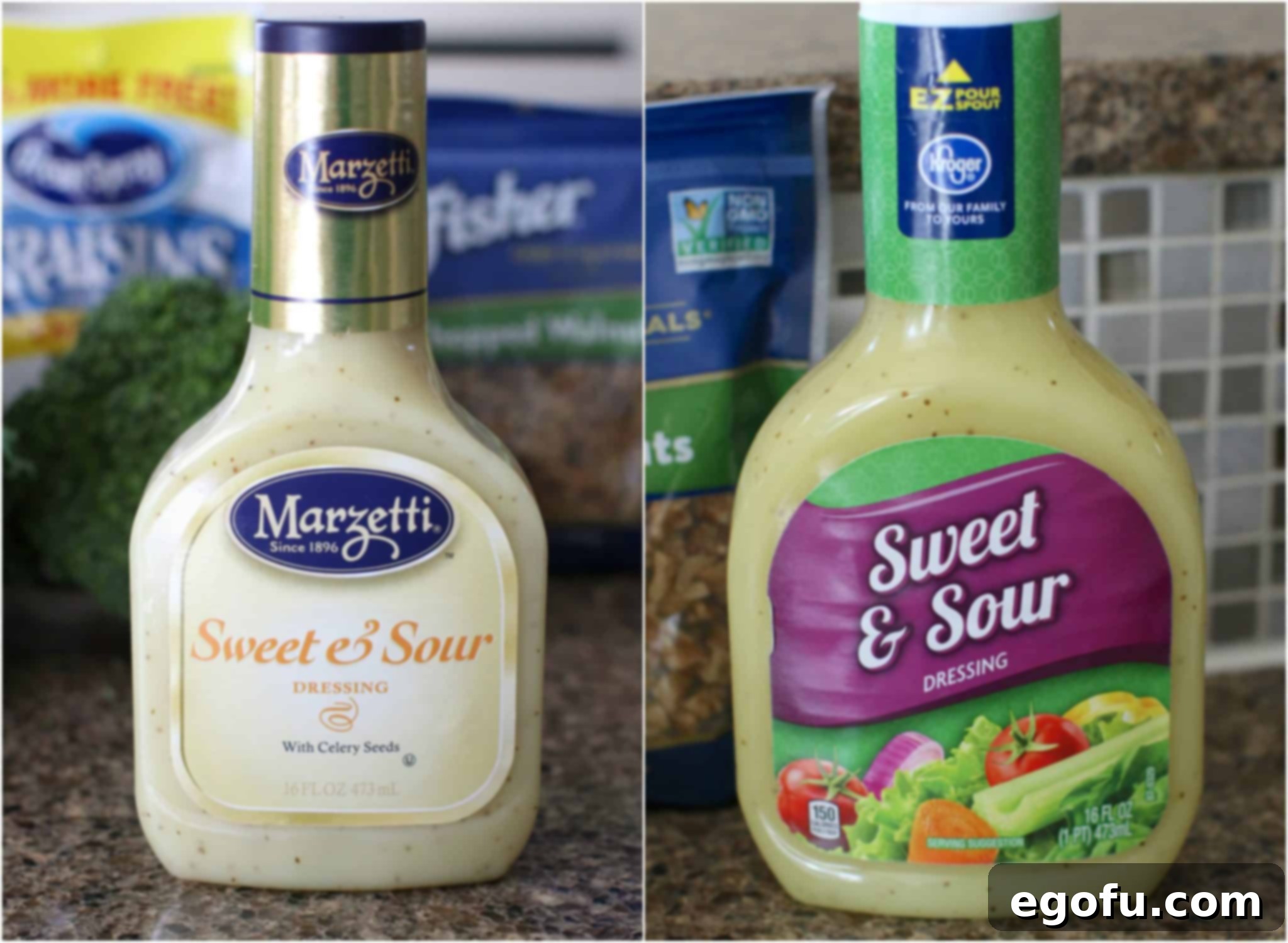A visual guide showing two distinct bottles of sweet and sour dressing. The bottle on the left is Marzetti Sweet and Sour dressing, and the bottle on the right is the Kroger brand Sweet and Sour dressing.