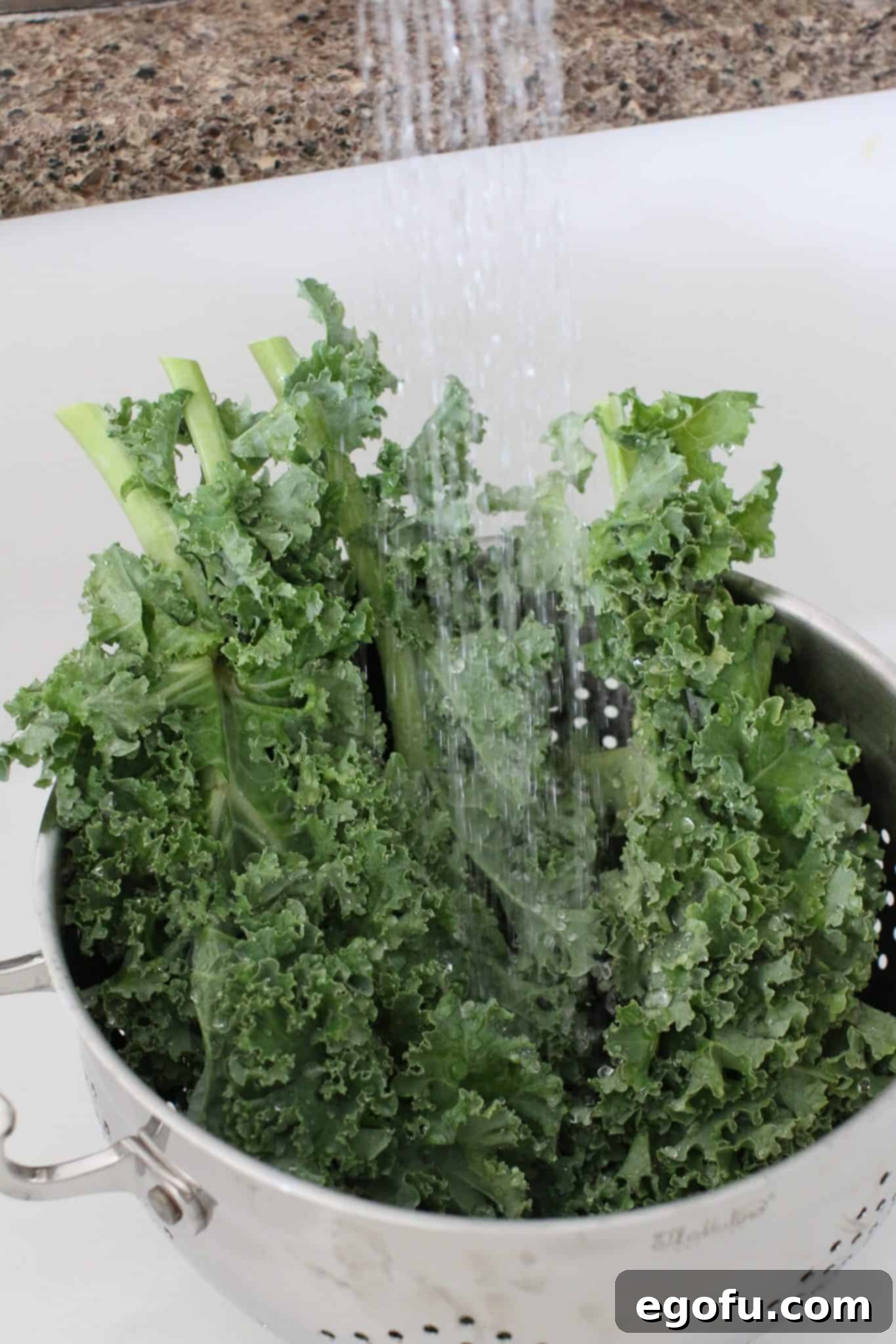 Fresh kale being rinsed under a stream of water in a colander, set within a kitchen sink.