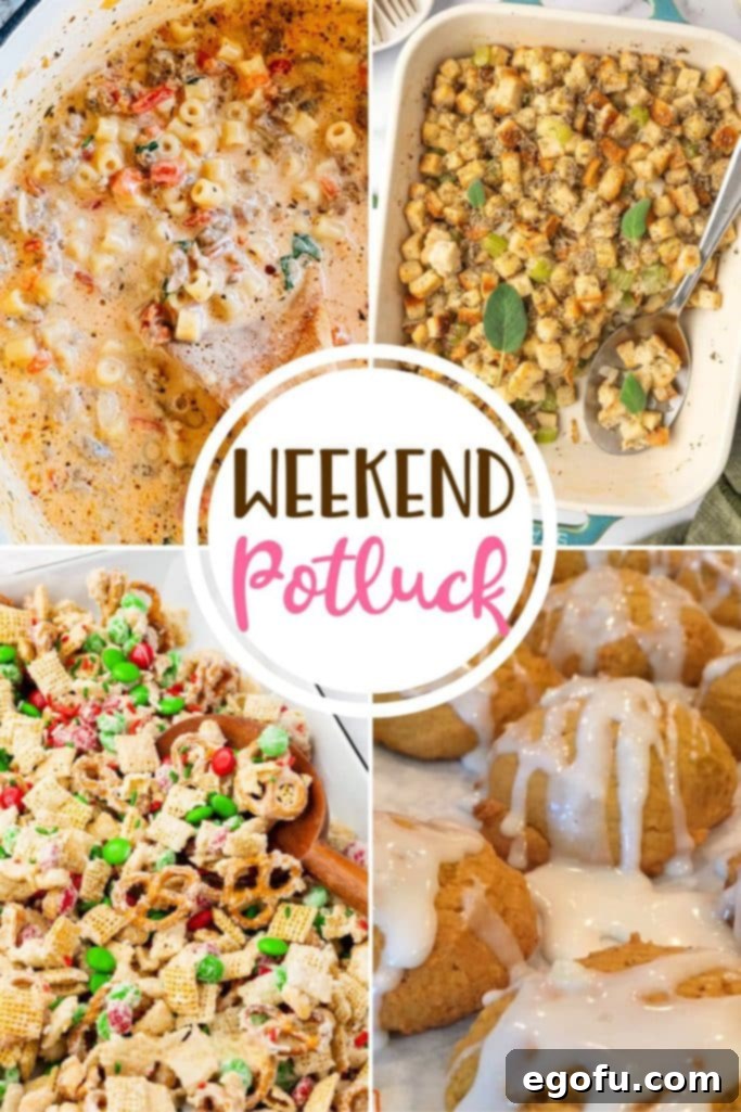 Weekend Potluck featured recipes: Christmas Chex Mix, Fluffy Sage Stuffing, Creamy Parmesan Italian Sausage Soup and Soft Pumpkin Cookies, displayed on a rustic wooden table.
