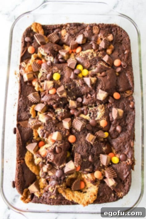 Baked peanut butter earthquake cake in a pan.