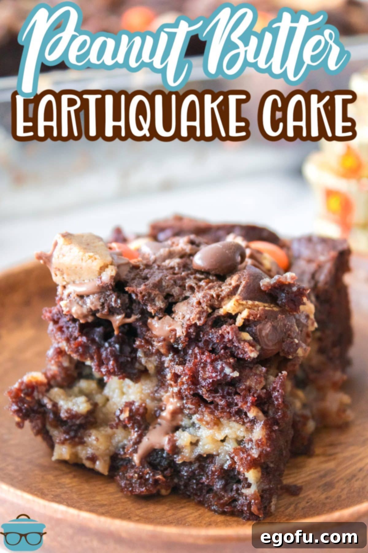 A few slices of Peanut Butter Earthquake Cake on a dessert plate, showing the gooey interior.