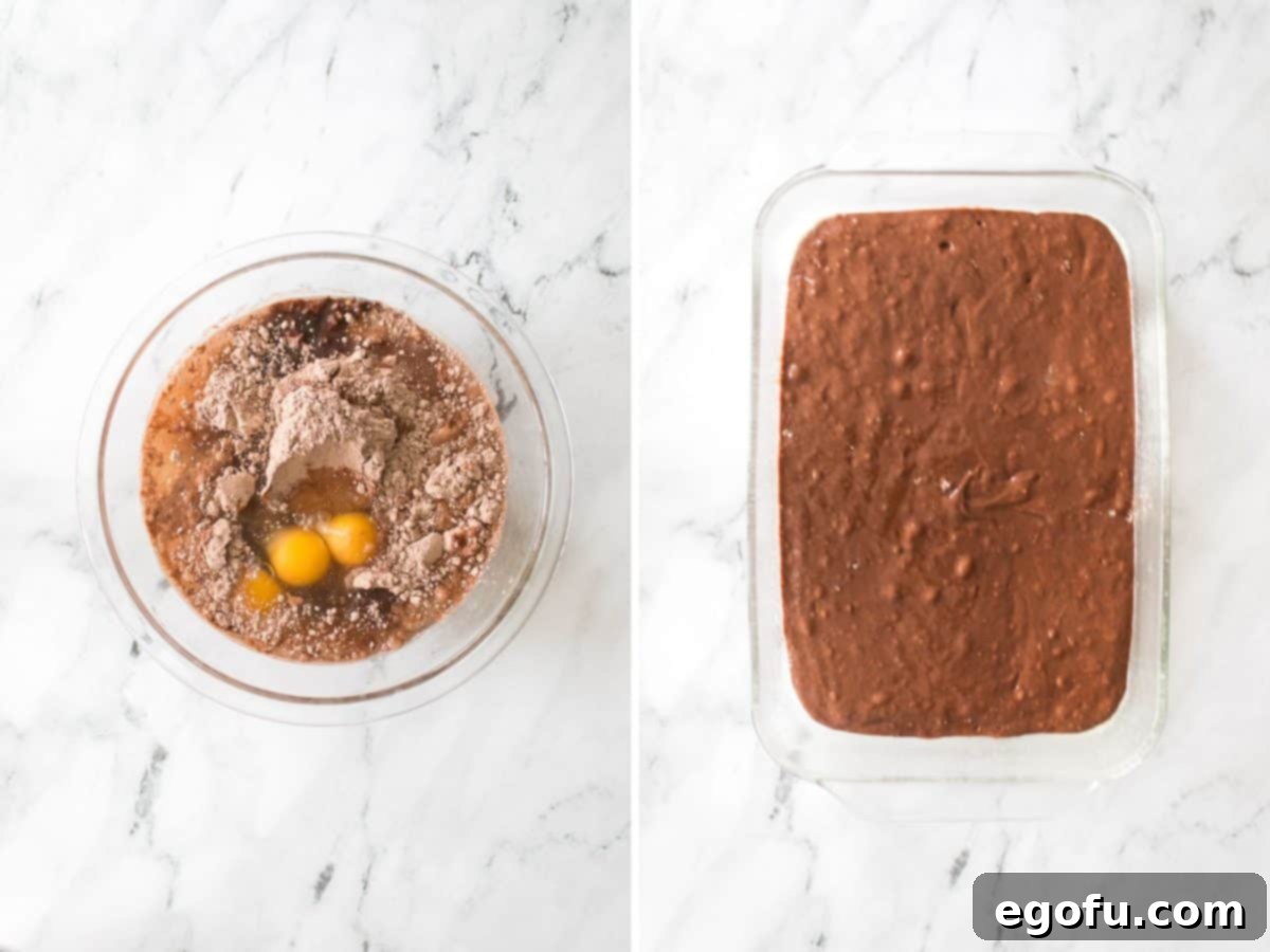 A bowl with cake mix, eggs, water, and oil and a cake pan with cake batter, ready for the next step.