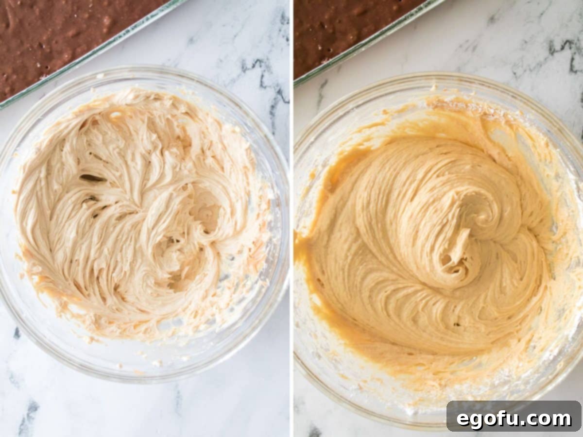 A bowl with softened cream cheese, butter, peanut butter, and vanilla extract being mixed.