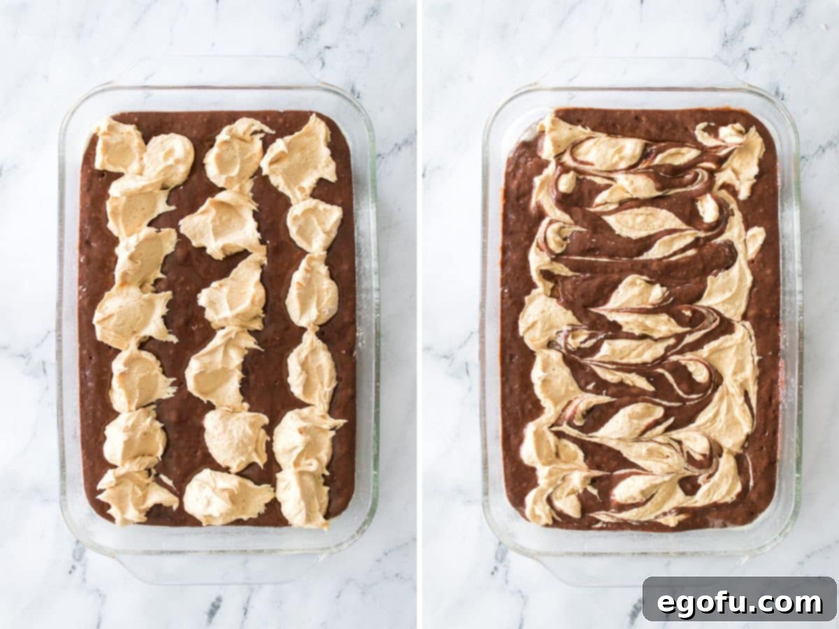 Dollops of peanut butter cream cheese mixture on top of chocolate cake batter, then gently swirled.