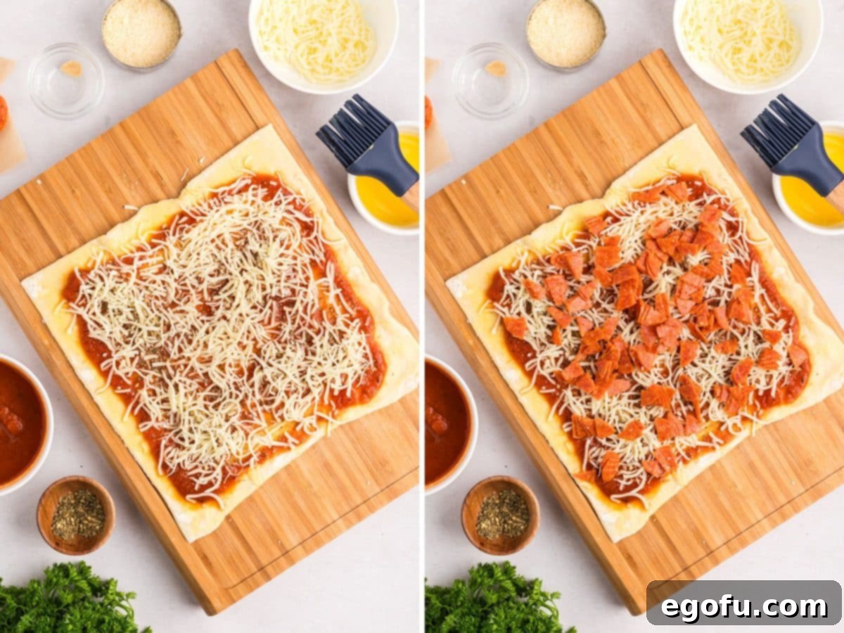 Puff pastry layered with egg wash, marinara sauce, mozzarella cheese, chopped pepperoni, Italian seasoning, and garlic powder.