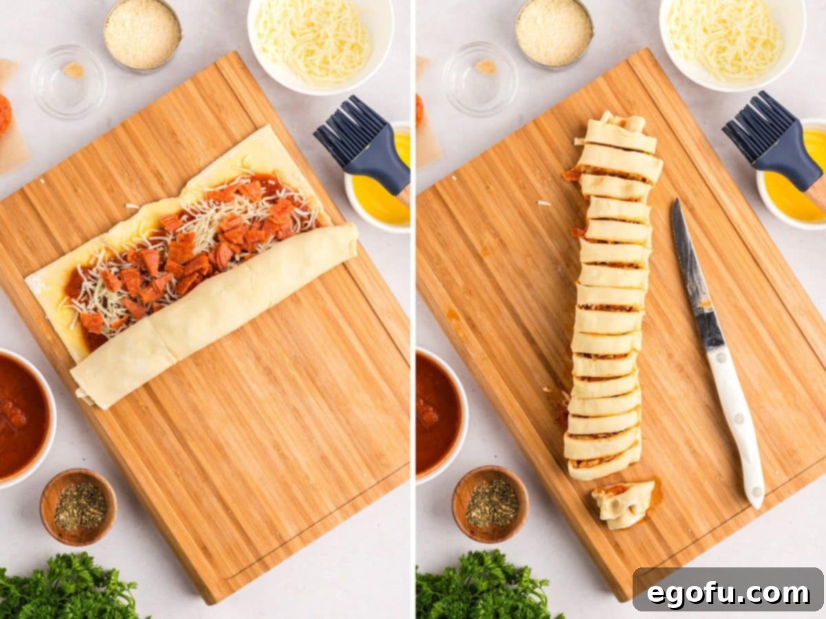The puff pastry is carefully rolled into a log, and then the chilled log is sliced into even 1-inch pieces with a serrated knife.
