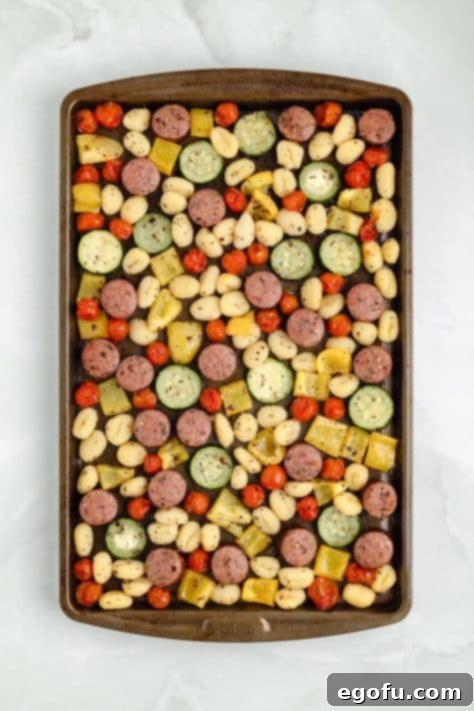 One-Pan Sausage and Gnocchi Bake 13 Baked veggies, sausage, and gnocchi.