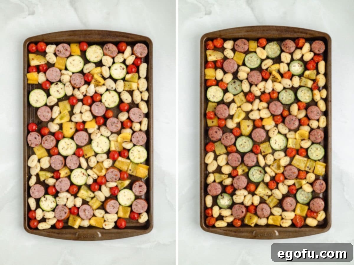 One-Pan Sausage and Gnocchi Bake 7 Before and after comparison of a sheet pan meal: on the left, raw sausage, gnocchi, and vegetables arranged; on the right, the finished dish with perfectly roasted, golden-brown ingredients.