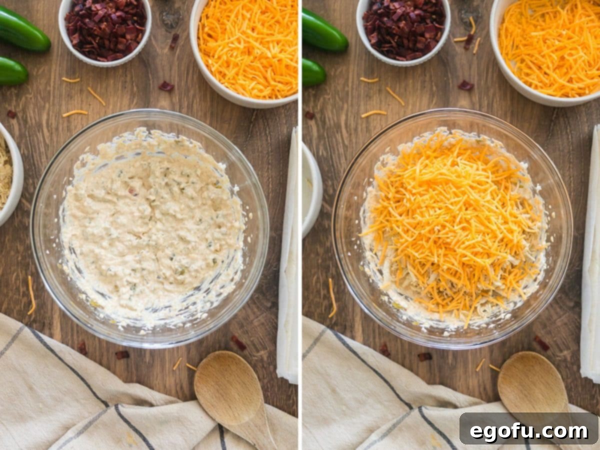 A bowl containing a creamy mixture of cream cheese, diced jalapenos, and spices. A second image shows shredded chicken and cheddar cheese being added to the mixture, ready to be stirred.