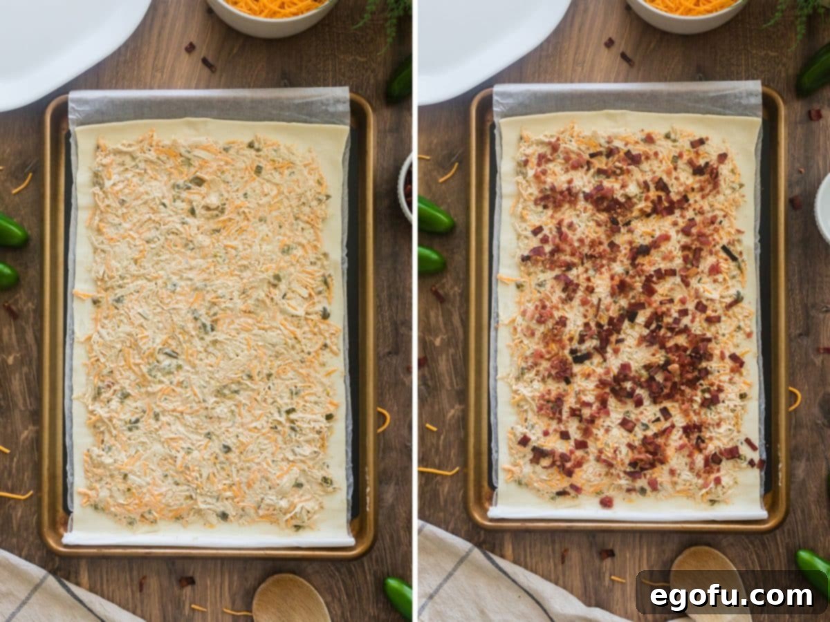 A two-part image: first, the creamy jalapeño popper mixture being smoothly spread across a sheet of puff pastry; second, crumbled cooked bacon being sprinkled generously over the spread filling.