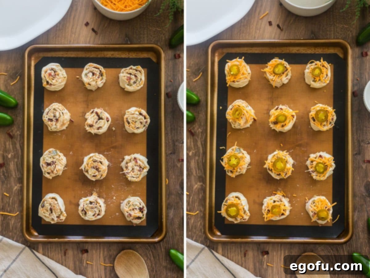 A composite image: one side shows a baking sheet with neatly arranged, unbaked Jalapeno Popper Pinwheels before baking; the other side displays a closer view of the pinwheels with cheese and a jalapeño slice on top.
