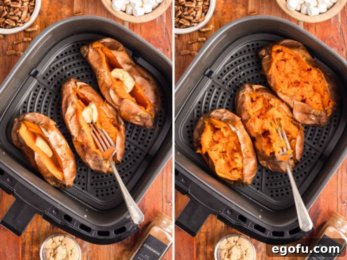 Butter being added to sliced sweet potatoes and a fork fluffing the sweet potato inside.