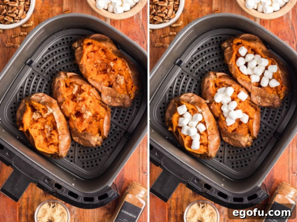 Cooked sweet potatoes with butter, brown sugar, and cinnamon and some with marshmallows on top.