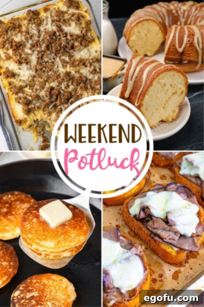 Quick 5-Ingredient Potluck Casserole 2 A collection of delicious featured recipes from the Weekend Potluck event, including a 5-Ingredient Casserole, Johnny Cakes, Brown Sugar Pound Cake, and Texas Toast French Dips, presented on a rustic wooden board.