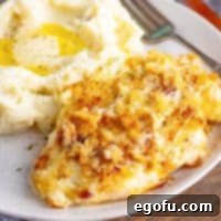 Longhorn's Crispy Parmesan Crusted Chicken 12 Close up looking down on some Longhorn Parmesan Crusted Chicken copycat recipe with mashed potatoes.