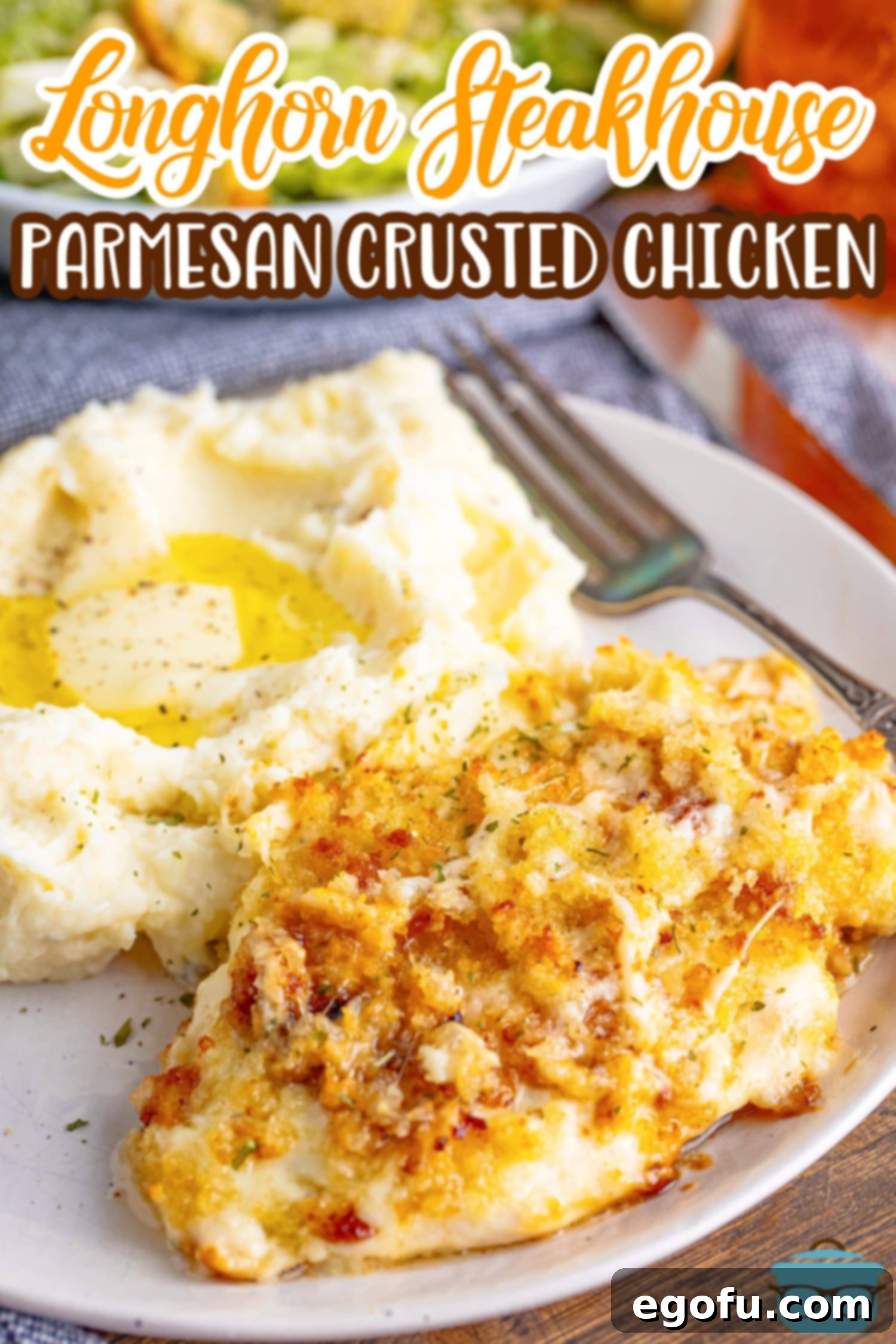 Longhorn's Crispy Parmesan Crusted Chicken 3 A plate with potatoes and Longhorn Parmesan Crusted Chicken.