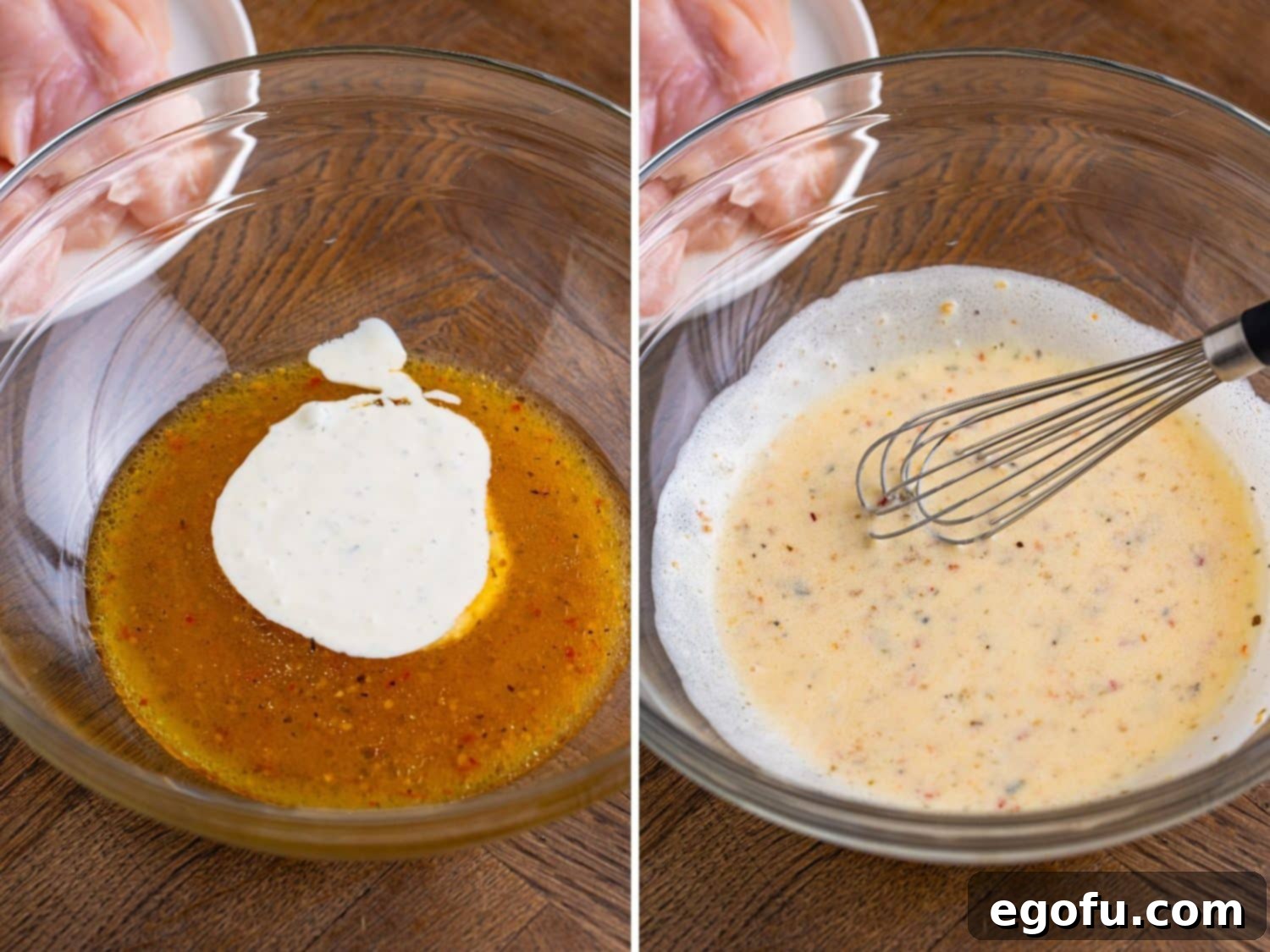 Longhorn's Crispy Parmesan Crusted Chicken 5 A mixing bowl with Italian dressing and ranch and a whisk mixing it together.